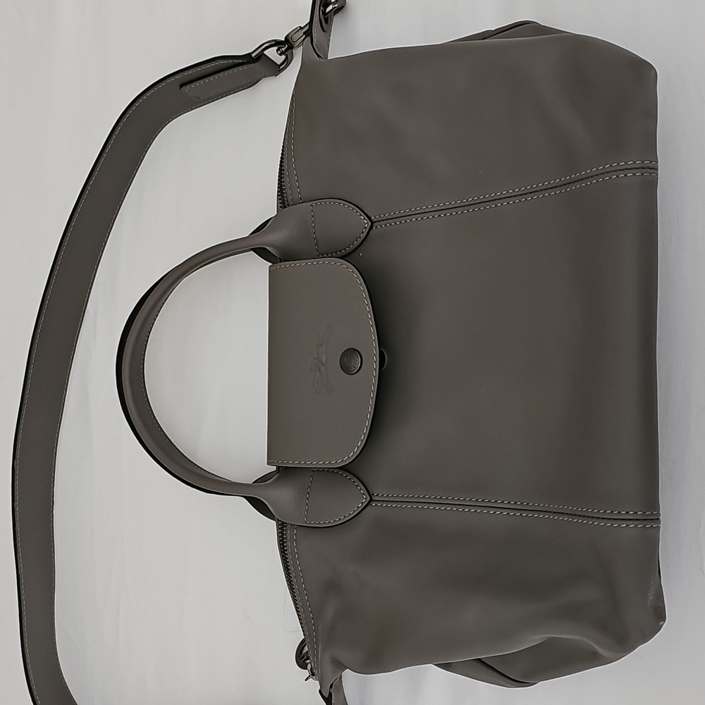 Longchamp Cuir Le Pliage Leather Gray Grey Turtledove Crossbody Bag Purse Small